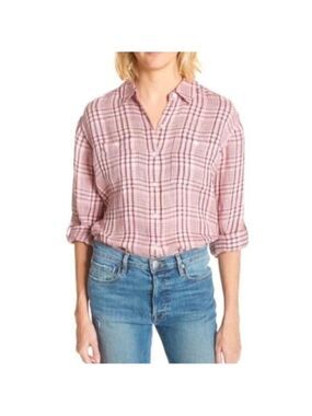 Joie Lidelle Button-up Top Plaid Linen Long Roll Sleeve Pocket Flannel Shirt L